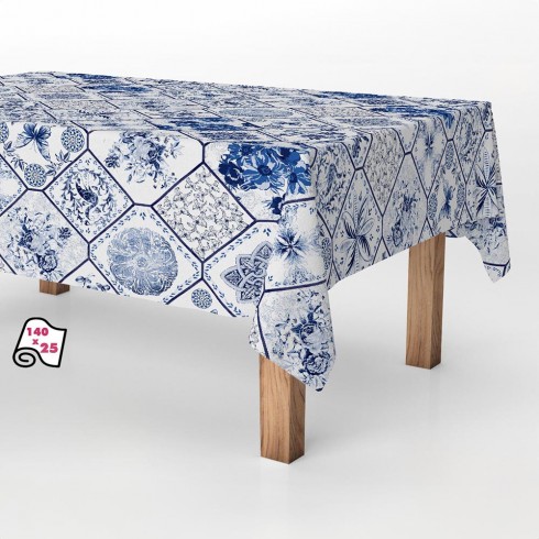 Rollo de mantel antimanchas cerámica azul 140cm x 25m exma