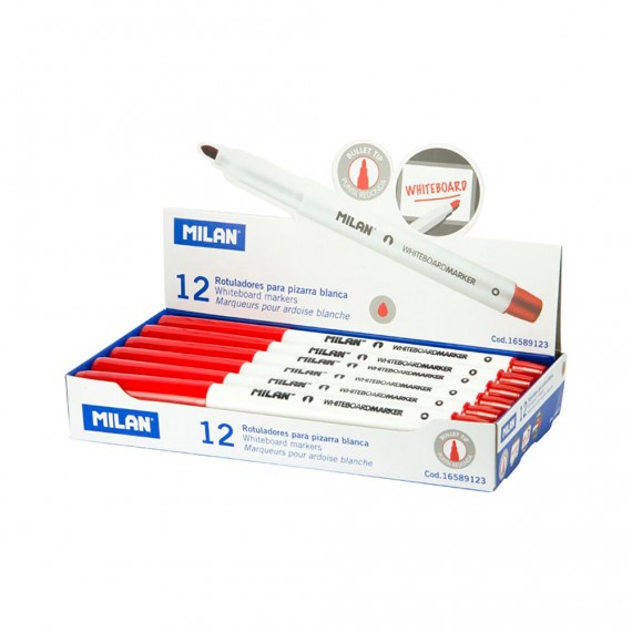 Caja de 12 rotuladores rojos ø3,7mm para pizarra blanca milan