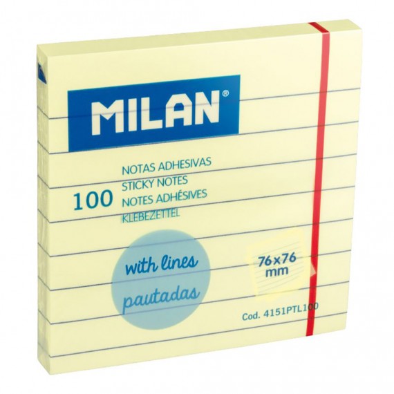 Bloc 100 notas adhesivas amarillo claro pautadas 76x76mm milan