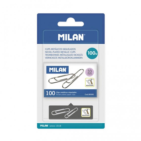 Blister 1 caja con 100 clips metalicos 33mm milan.