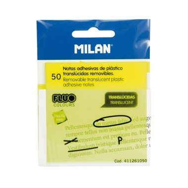 Bloc 50 notas adhesivas translúcidas amarillo fluo 76x76mm milan
