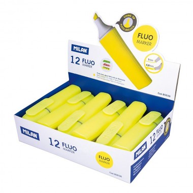 Caja expositora con 12 marcadores fluorescentes color amarillo milan