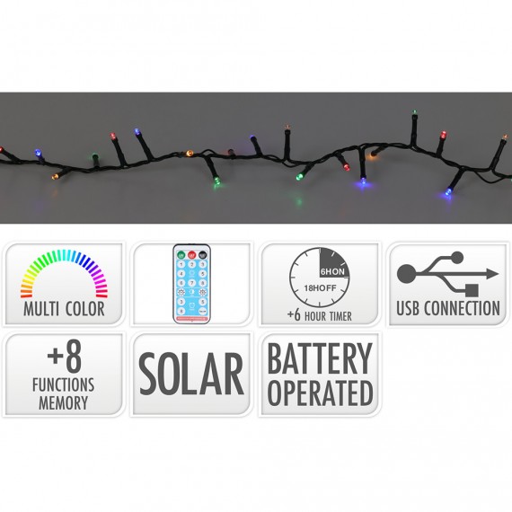 Guirnalda led, 400 leds, 8 funciones parpadeante multicolor, ip44, solar. basics