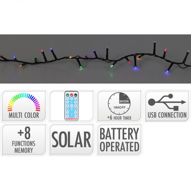 Guirnalda led, 400 leds, 8 funciones parpadeante multicolor, ip44, solar. basics