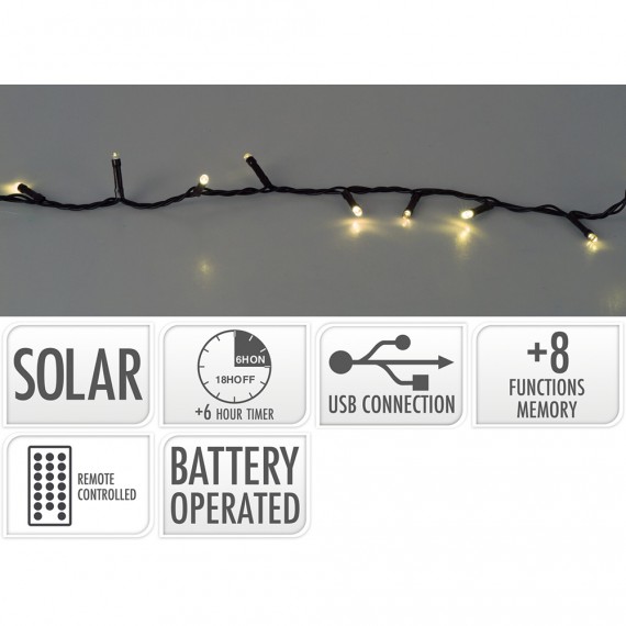 Guirnalda led, 200 leds, 8 funciones parpadeante blanco calido, solar. basics