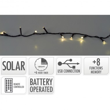 Guirnalda led, 200 leds, 8 funciones parpadeante blanco calido, solar. basics