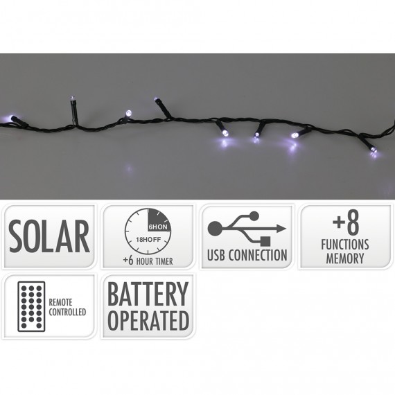 Guirnalda led, 200 leds, 8 funciones parpadeante blanco frio, solar. basics