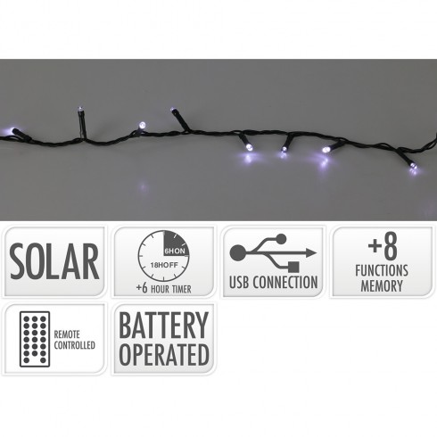 Guirnalda led, 200 leds, 8 funciones parpadeante blanco frio, solar. basics