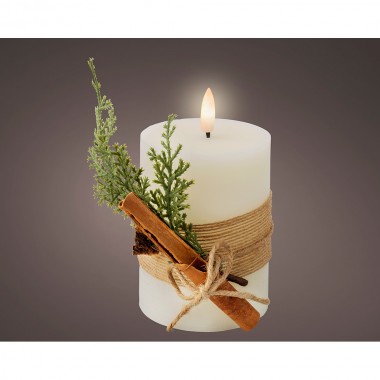Vela de cera led color beige, superficie lisa con ramillete, ø7,5x13cm. lumineo