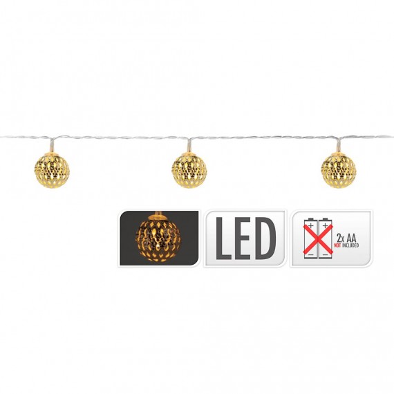 Guirnalda a pilas fija 10 leds con bolas color oro luz blanco calido 1,3m