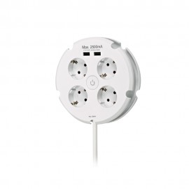 Base múltiple redonda 4 tomas 2p+t schuko, con interruptor+ 2 usb, 1,5 m de cable h05vv-f 3g1,5 mm², 16 a 250 v~, blanca