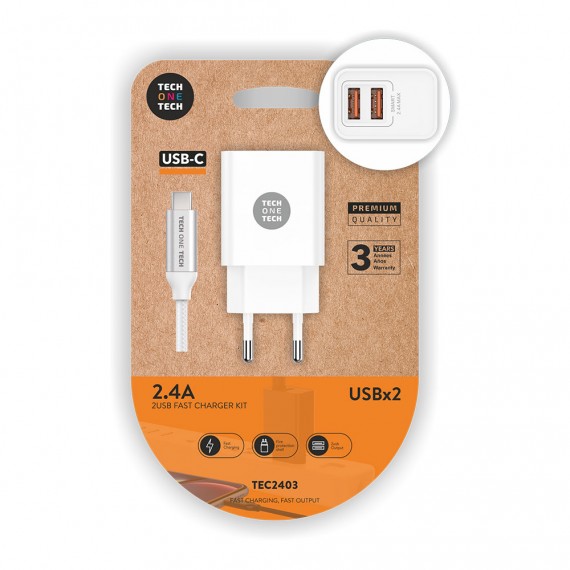 Cargador doble blanco+cable nylon micro usb 2,4a
