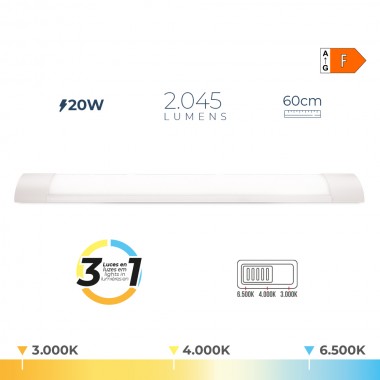 Regleta led 20 w temperatura de luz variable 2045 lm, 60 x 2,6 x 7,4 cm