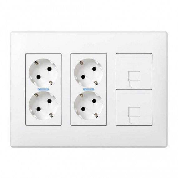 Caja simon 500 cima con 6 mecanismos, 4 schuko blaco + 2 rj45, superficie o empotrar. blanca
