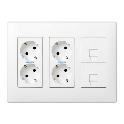 Caja simon 500 cima con 6 mecanismos, 4 schuko blaco + 2 rj45, superficie o empotrar. blanca