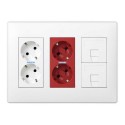 Caja con 6 mecanismos, 2 schukos blancos + 2 schukos rojos + 2 rj45, superficie o empotrar, blanca, simon 500 cima