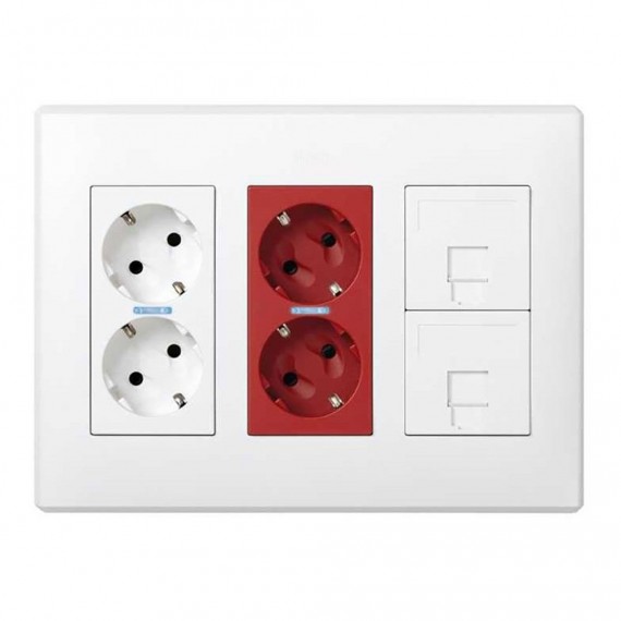 Caja con 6 mecanismos, 2 schukos blancos + 2 schukos rojos + 2 rj45, superficie o empotrar, blanca, simon 500 cima