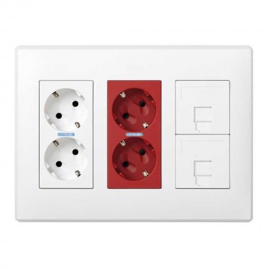 Caja con 6 mecanismos, 2 schukos blancos + 2 schukos rojos + 2 rj45, superficie o empotrar, blanca, simon 500 cima