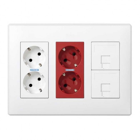 Caja con 6 mecanismos, 2 schukos blancos + 2 schukos rojos + 2 rj45, superficie o empotrar, blanca, simon 500 cima
