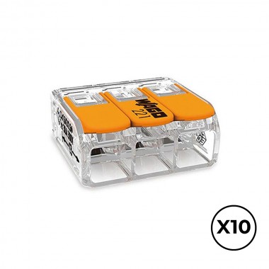 Conector rápido con palanca 3 conductores, ø maximo 6 mm², 450 v , 41 a transparente 22,9 x 21,1 x 10,1 mm. contiene 10 unid ...
