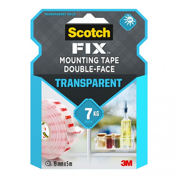 Cinta doble cara de montaje, transparente, 19mmx5m, máx 7 kg