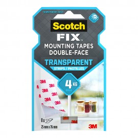 Tira adhesiva doble cara, transparente, 25mmx76mm, 8 uds, max 4 kg