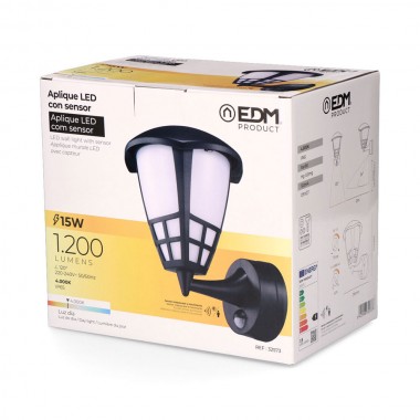 Aplique led con sensor crepuscular y movimiento 15 w 1200 lm 4000 k luz día, negro, 21,6 x 16 x 24,7 mm