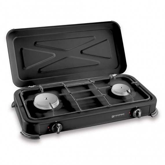 Cocina de gas butano/propano esmaltada 2 quemadores, negra, 570 x 300 x 65 mm