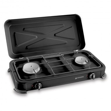 Cocina de gas butano/propano esmaltada 2 quemadores, negra, 570 x 300 x 65 mm