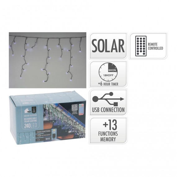 Cortina led solar recargable 240 leds 13 funciones parpadeante exterior blanco frio 5.6 m
