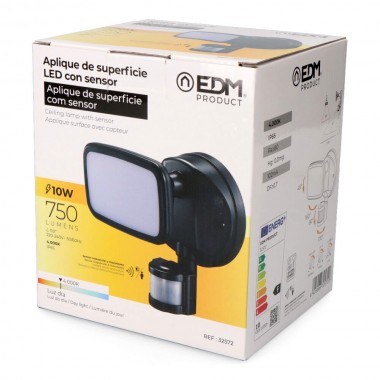 Aplique foco led con sensor crepuscular y de movimiento 10 w 750 lm 4000 k luz día, ip65, negro, ø12 × 14 × 17 cm