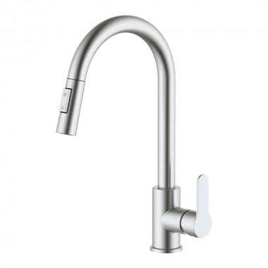 Grifo monomando de cocina caño alto extraible plateado mate serie miño