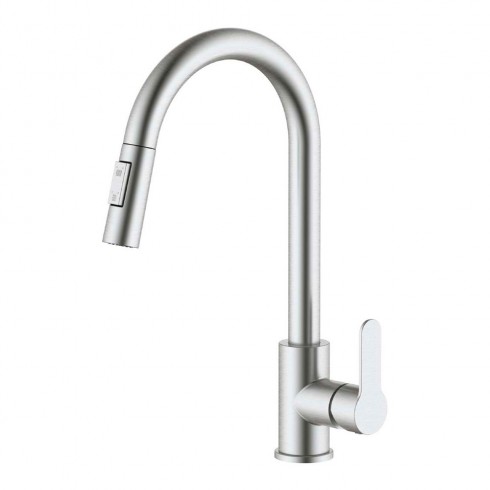 Grifo monomando de cocina caño alto extraible plateado mate serie miño