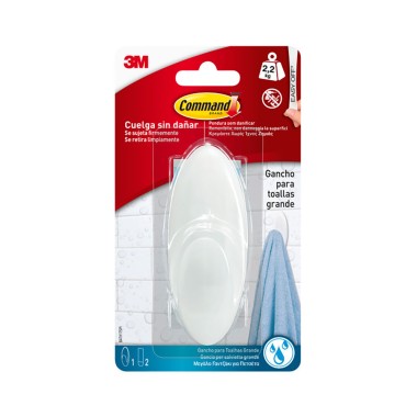 Gancho para toallas, grande, blanco, 1 ud + 2 tiras, máx 2,2 kg