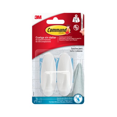 Gancho blanco, mediano, 29 x 79 x 29 mm, 2 uds + 4 tiras, máx 1,3 kg