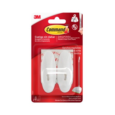 Gancho punta metálica, mediano, blanco, 29 x 79 x 29 mm, 2 uds + 4 tiras, carga max 1,3 kg