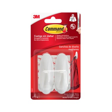 Gancho de diseño, mediano, blanco, 29 x 79 x 29 mm, 2 uds + 4 tiras, max 1,3 kg