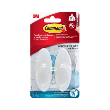 Gancho para baño, mediano, blanco, 35 x 86 x 29, 2 uds + 3 tiras, máx 1,3 kg