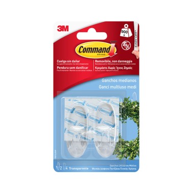 Gancho mediano trasparente, 25 x 60 x 25 mm, 2 uds + 4 tiras