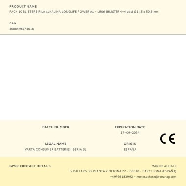 Pack 10 blisters pila alkalina longlife power aa - lr06 (blíster 4+4 uds) ø14,5 x 50,5 mm