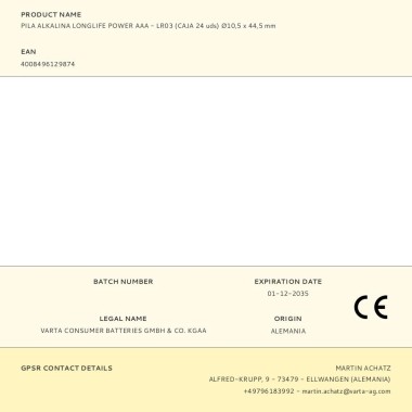 Pila alkalina longlife power aaa - lr03 (caja 24 uds) ø10,5 x 44,5 mm