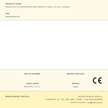 Micro pila litio botón max-pro cr2032 3 v ø20 x 3,2 mm, blister 5 uds