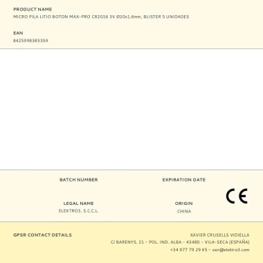 Micro pila litio botón max-pro cr2016 3 v ø20 x 1,6 mm, blister 5 uds