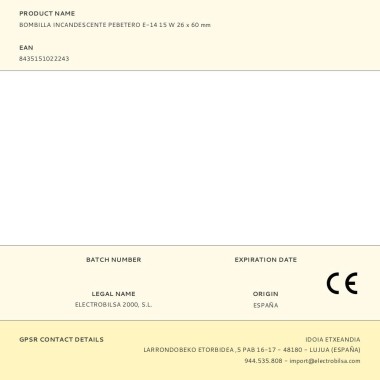 Bombilla incandescente pebetero, e-14, 15 w, 26 x 60 mm