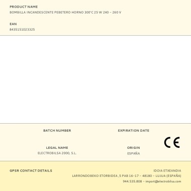 Bombilla incandescente pebetero horno 300°c 25 w 240 - 260 v