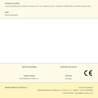 Clavija modular 5 tomas schuko 2p+t 16 a 3680 w 250 v~ blanca compatible con ref 40292, 40293
