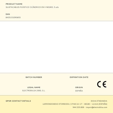 Sujetacables de plástico, cilíndrico, en v, negro, 5 uds