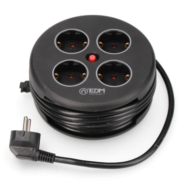Enrollacables con 4 tomas 2p+t schuko, con protección, 16 a 250 v, cable h05vv-f 3g1,5mm² de 5 m, negro