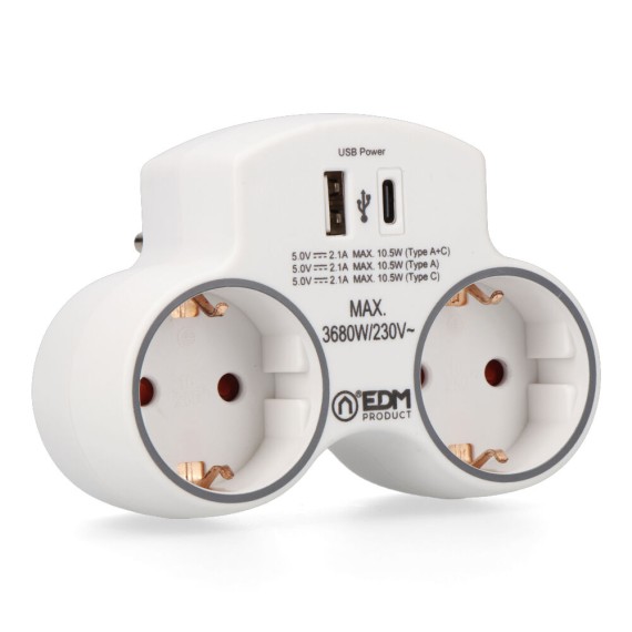 Adaptador 2 tomas 2p+t schuko con 2 usb (a + c), blanco