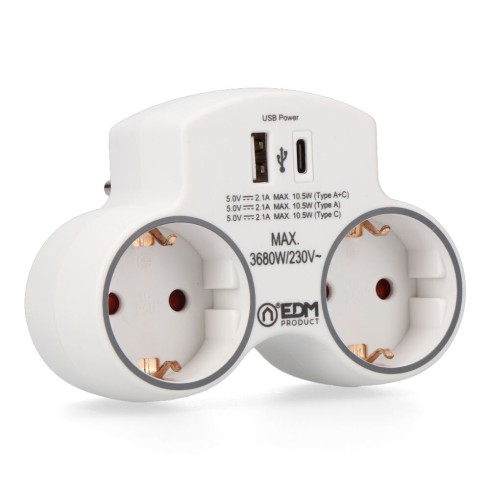 Adaptador 2 tomas 2p+t schuko con 2 usb (a + c), blanco